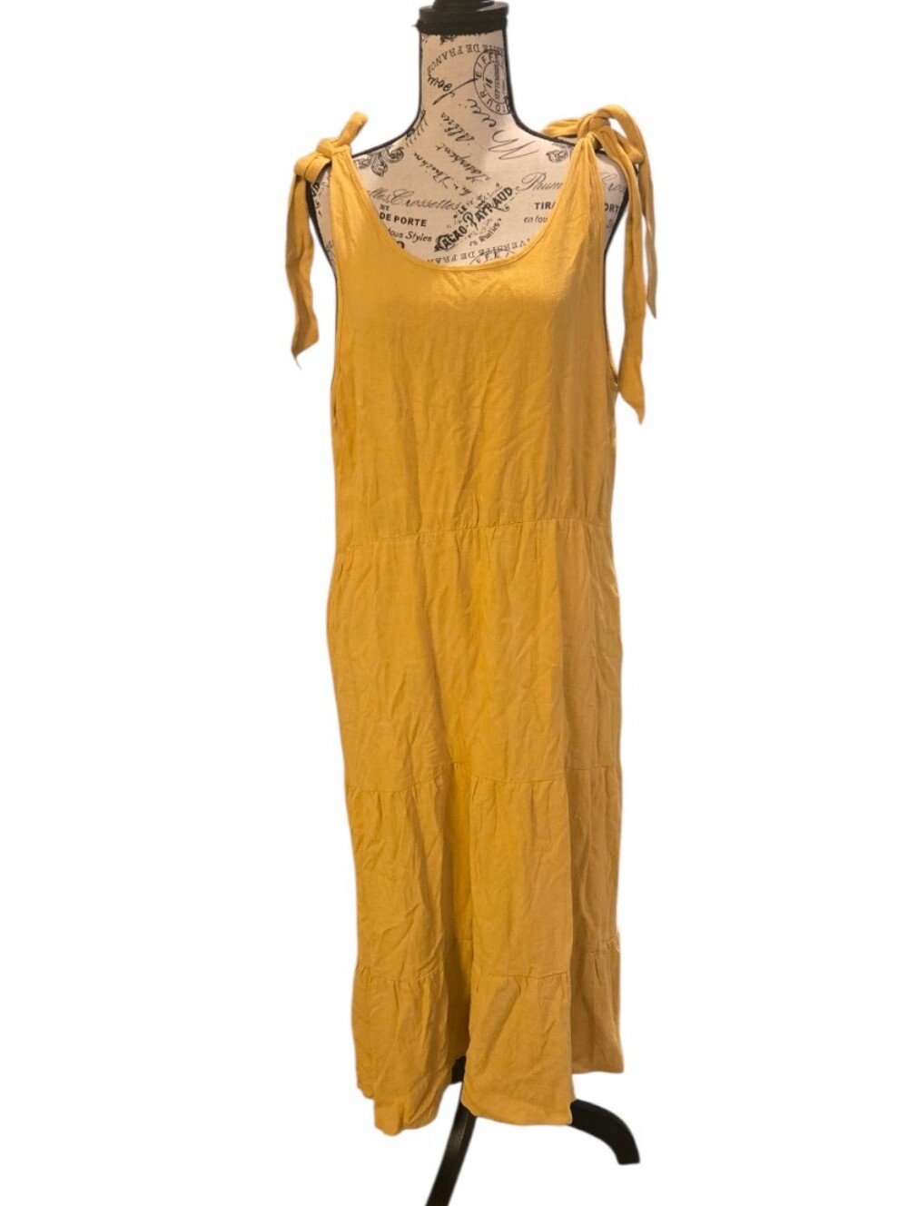 Women’s Mustard Tie-Shoulder Midi Dress Sz L Cotton Linen Blend